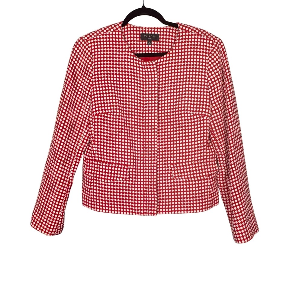 Talbots Petites Polka Dot Wool Blend Red White Zip Front Blazer Jacket 12P